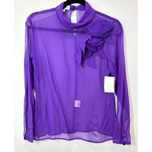 VTG Alfred Sung Purple Silk Chiffon Sheer Mock Neck Blouse 6 Floral Whimsigoth - Picture 1 of 14